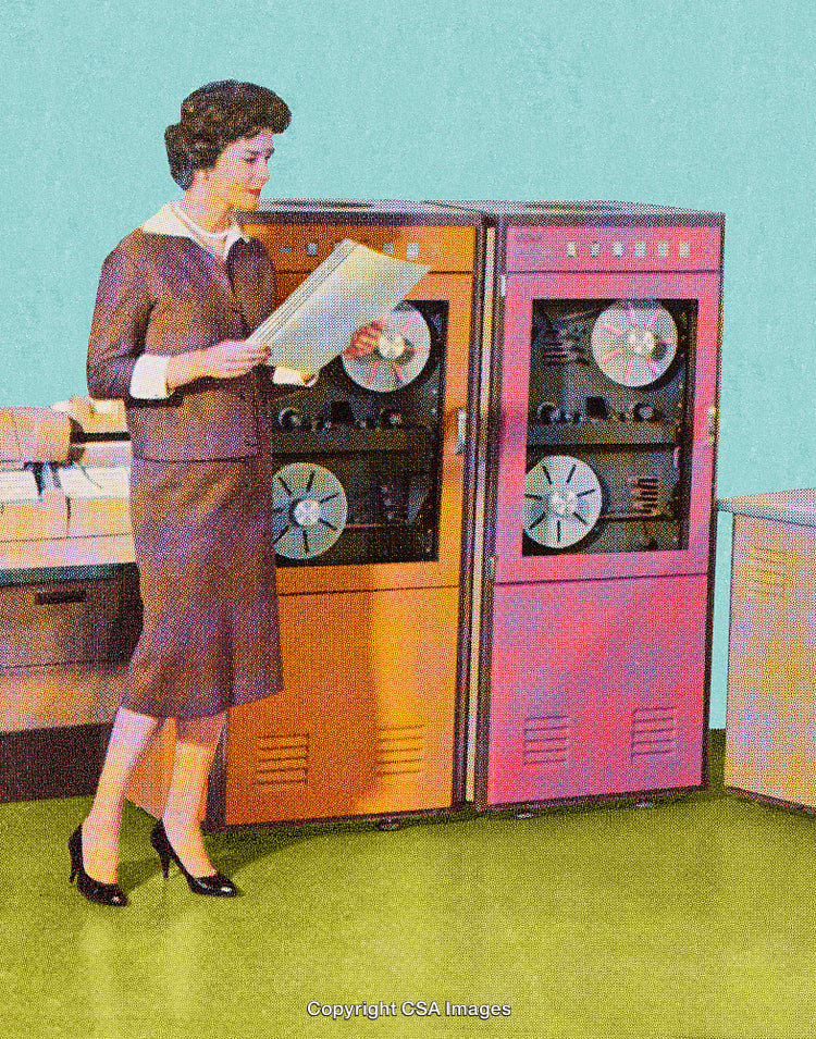 Vintage Office Scene with a Woman and Early Computer Equipment