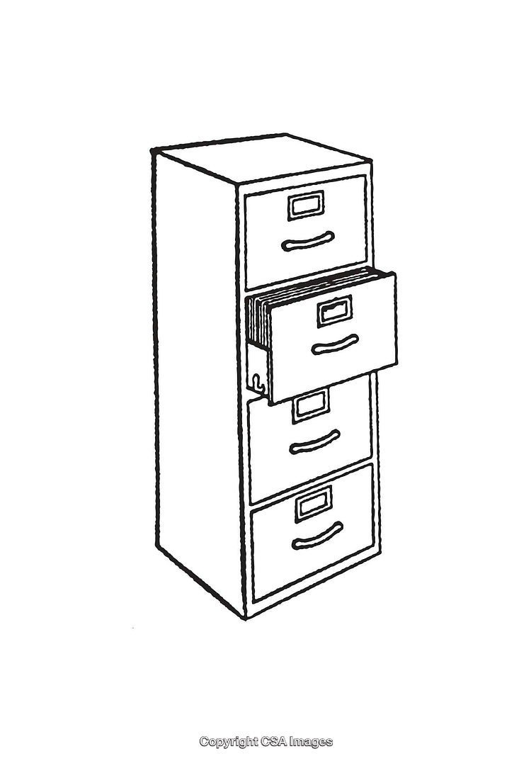 Black and White Line Art of Filing Cabinet with Open Drawer