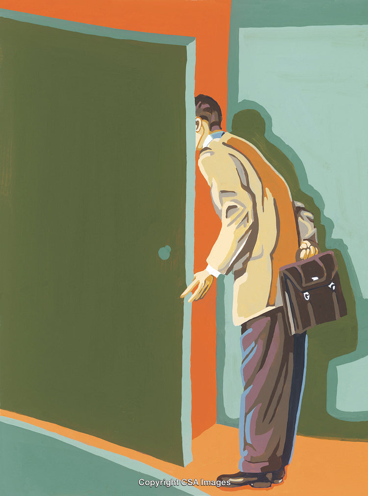 Illustration of a Man Peeking Through a Door Holding a Briefcase