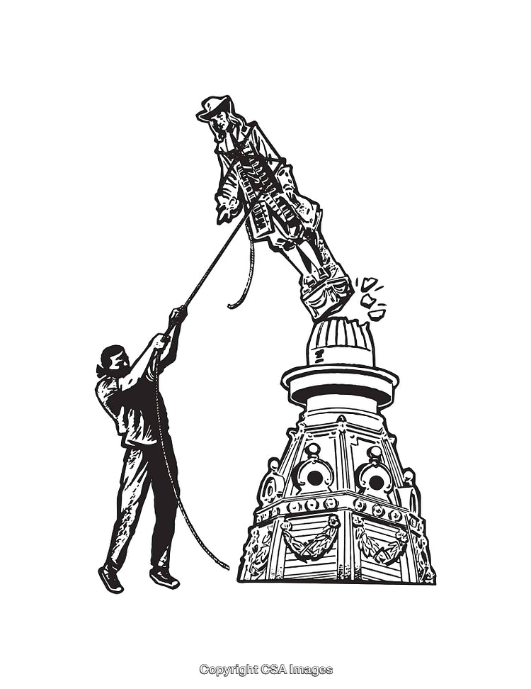 Black and White Line Art Depicting Monumental Statue Being Removed