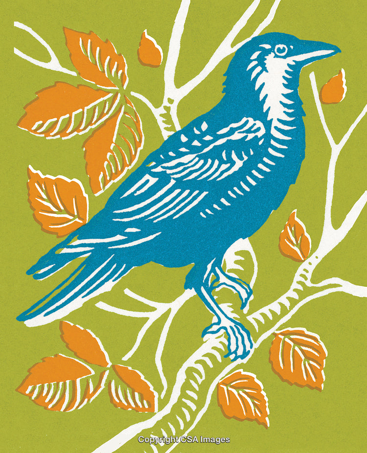 Blue Bird on Branch with Vibrant Leaves in Graphic Art Style