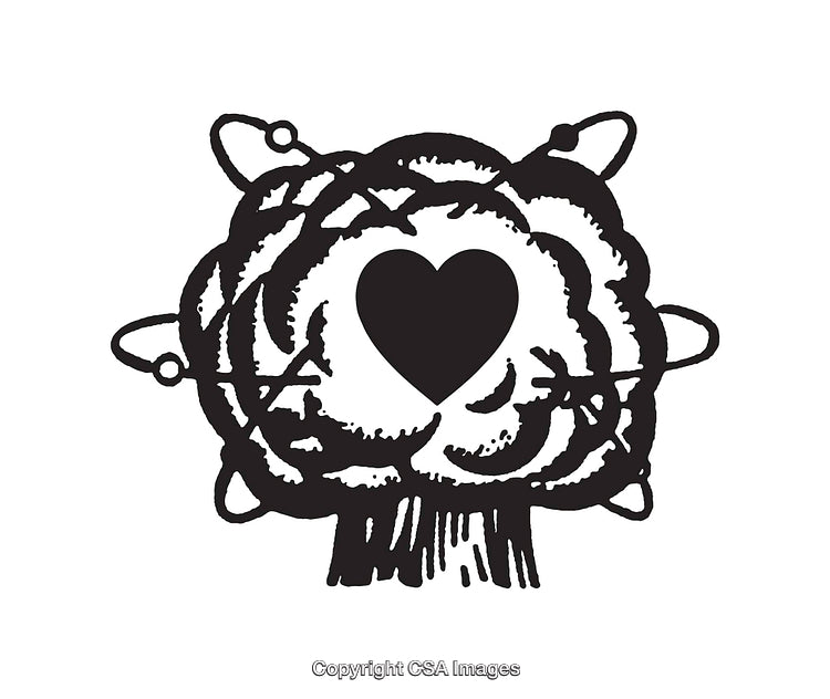 Atomic Brain with Heart Core in Monochrome Line Art