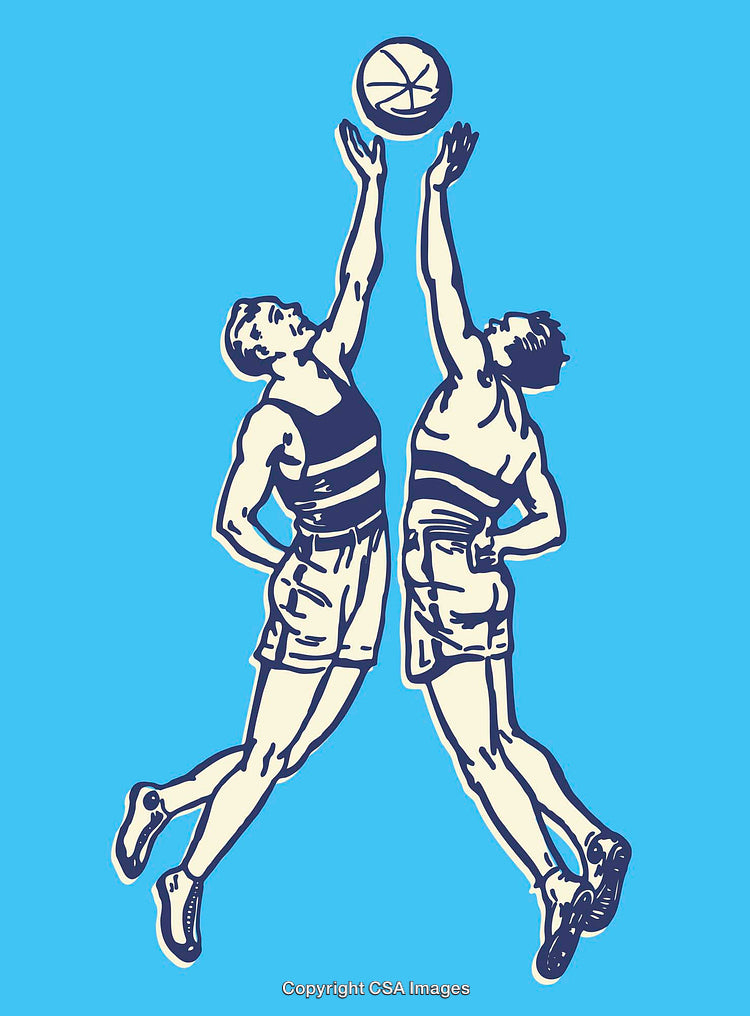 Vintage Style Basketball Illustration with Two Players Jumping for the Ball