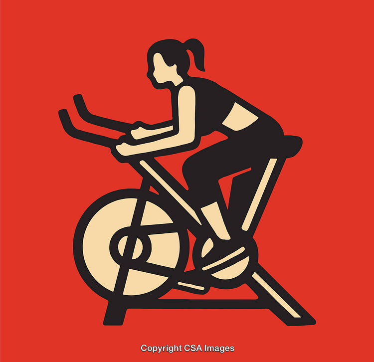 Illustration of Woman Exercising on Stationary Bike in Bold Line Art Style