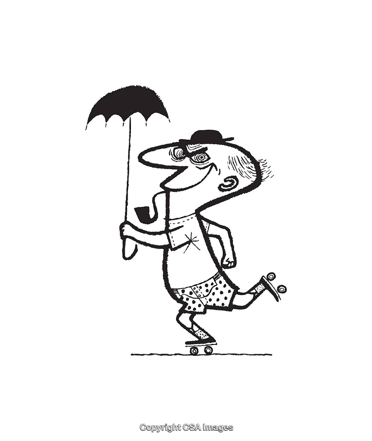 Whimsical Black and White Illustration of Man on Roller Skates