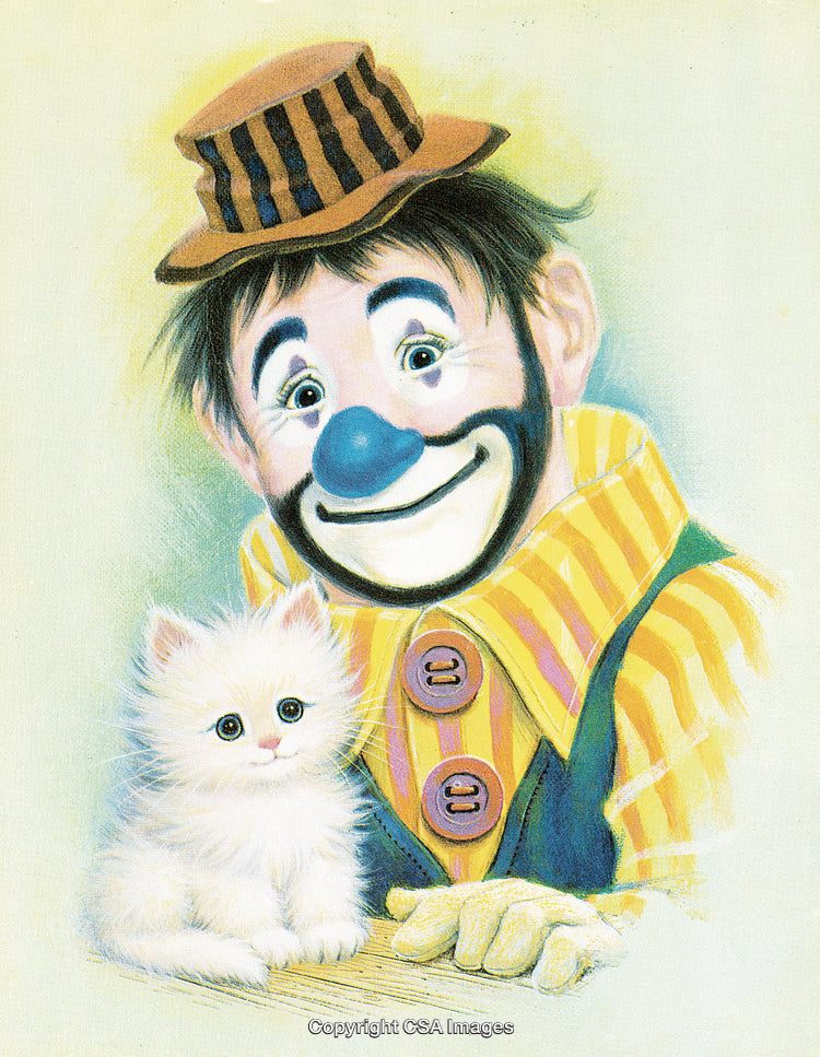 Colorful Clown With Adorable White Kitten in a Warm Comic Setting
