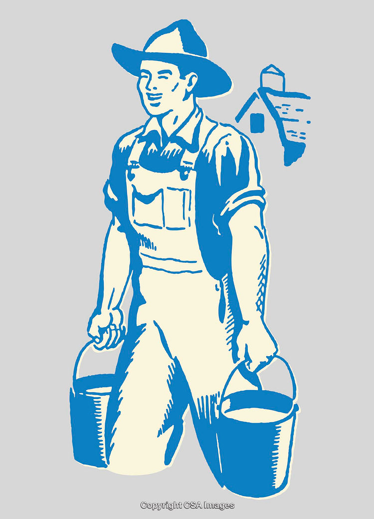 Farmer Carrying Milk Buckets in Rustic Color Line Art Illustration
