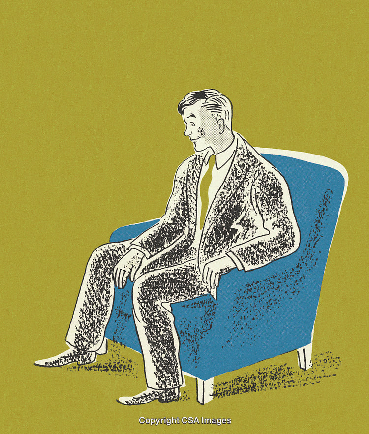 Vintage Illustration of Man in Suit Sitting on Blue Armchair