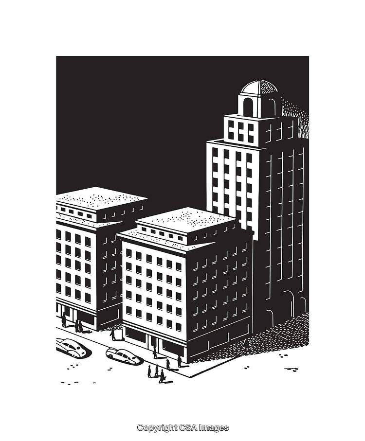 Black and White Line Art Illustration of an Urban Street with Buildings