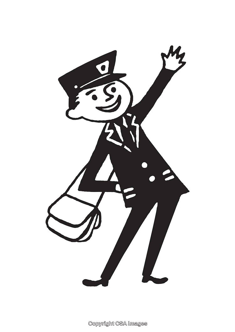 Cheerful Postal Worker Holding Bag in Black and White Line Art
