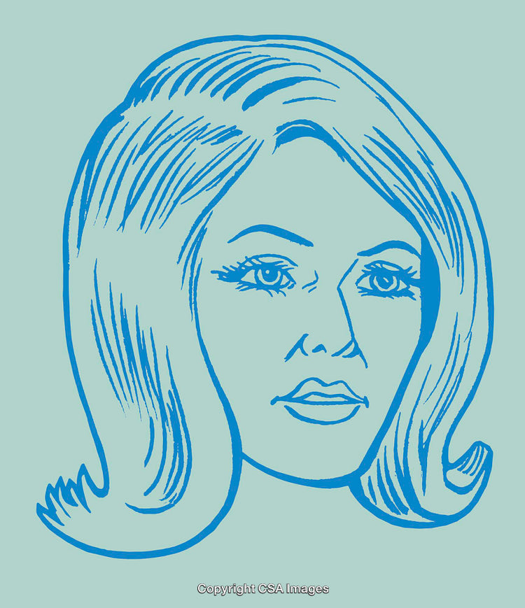 Blue-Toned Vintage Line Drawing of a Woman's Face