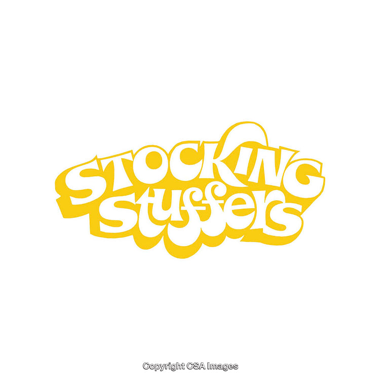 Yellow Retro Typography Featuring the Phrase Stocking Stuffers on White Background