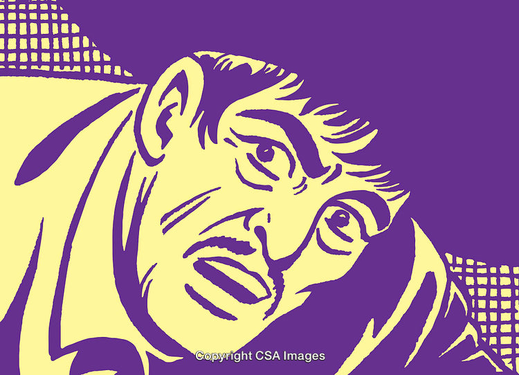 Bold Graphic Illustration of a Surprised Man in Yellow and Purple