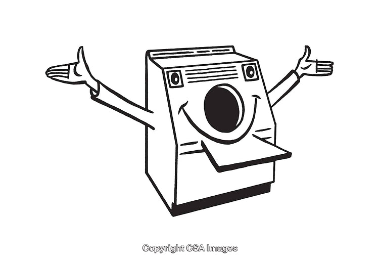Friendly Washing Machine Character Embracing in Black and White Line Art
