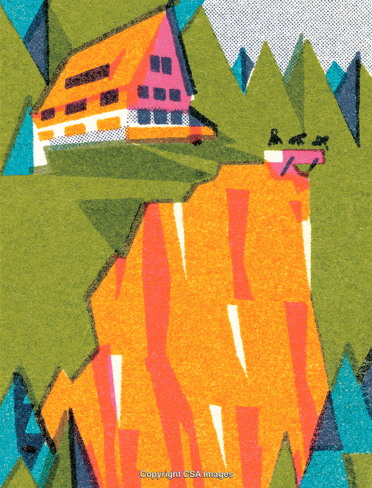 Scenic Cottage on Clifftop Overlooking Vibrant Valley in Artistic Abstract Style