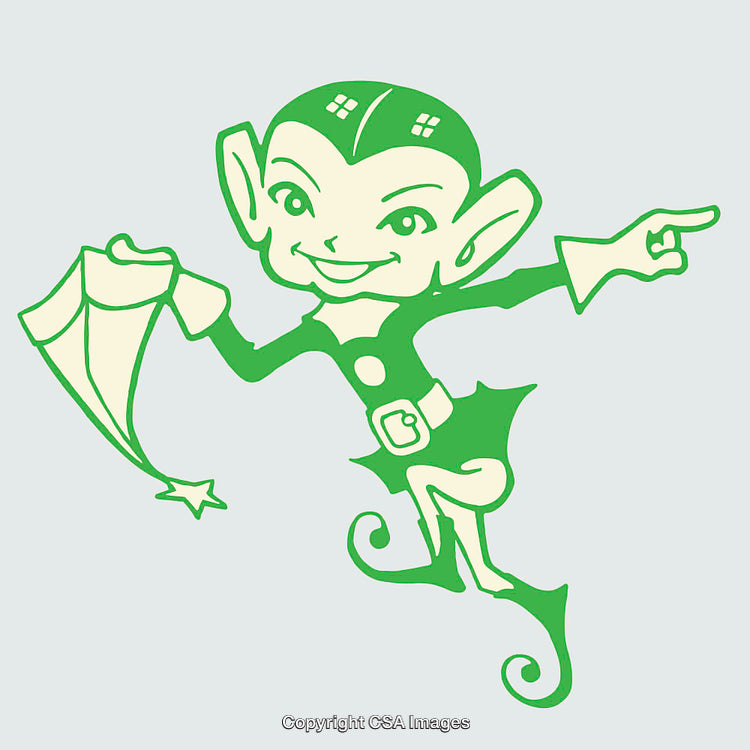 Playful Green Elf Illustration Holding Star Line Art Drawing