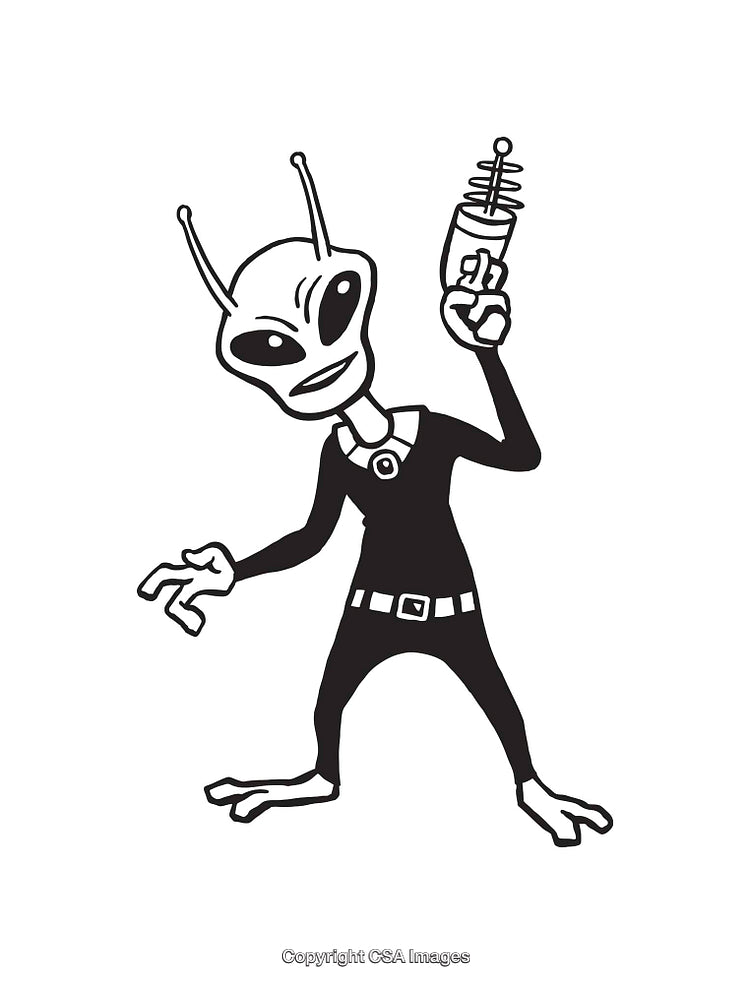 Cartoon Alien With Ray Gun in Black and White Line Art