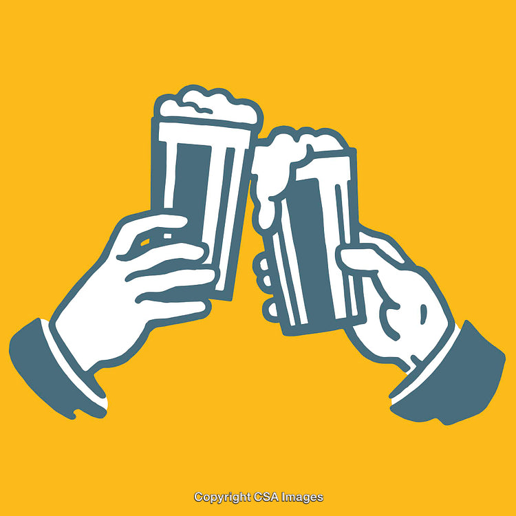 Illustration of Hands Clinking Beer Glasses in Celebration on Yellow Background