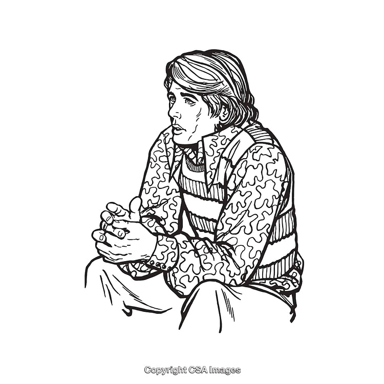 Black and White Line Art of a Pensive Seated Individual