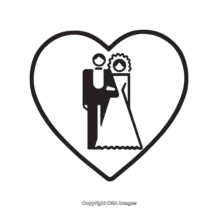 Black And White Wedding Icon with Heart and Couple Silhouettes
