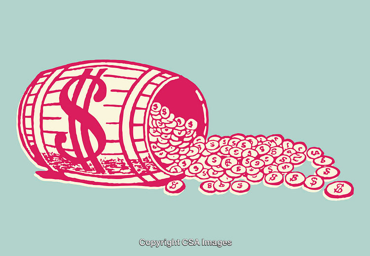 Colorful Illustration of a Barrel Pouring Dollar Coins Signifying Wealth