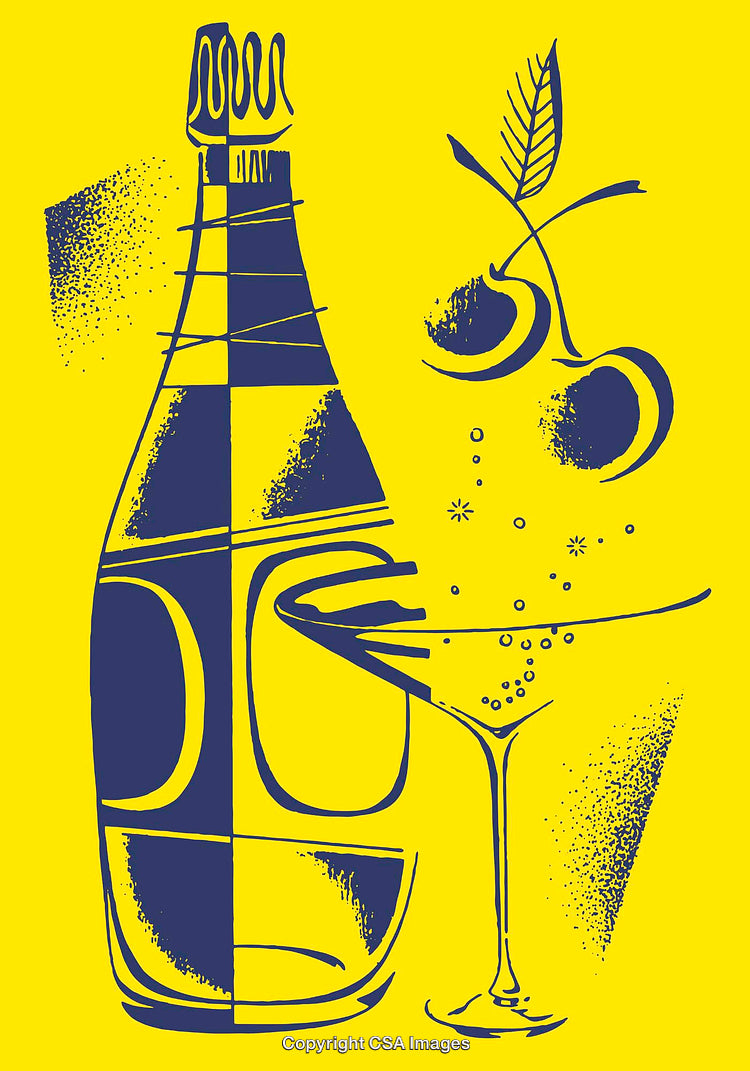 Blue Line Art of Champagne Bottle and Glass with Yellow Background