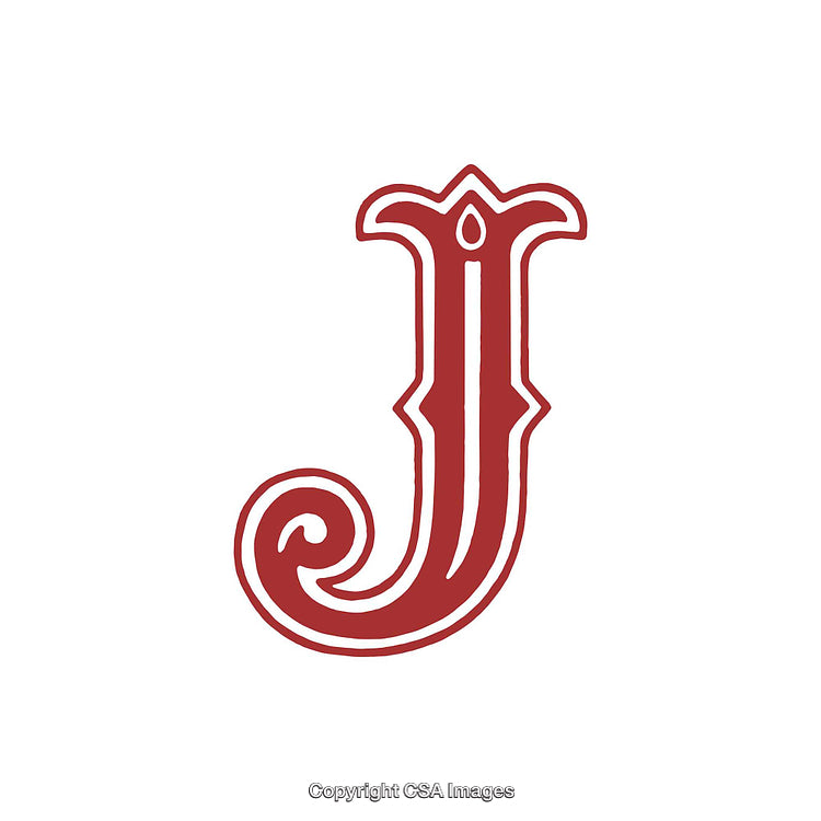 Elegant Ornamental Red Letter J with Artistic Swirls on White Background