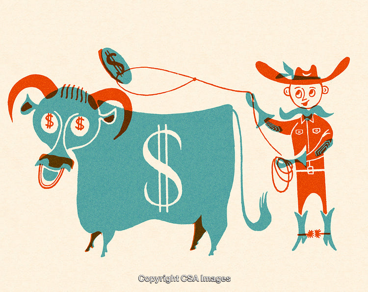 Illustrative Cowboy Lassoing a Financially Symbolic Prize Bull