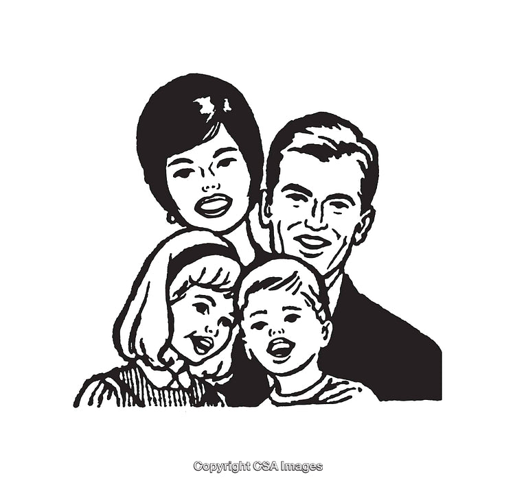 Black and White Illustration of a Happy Family with Two Children