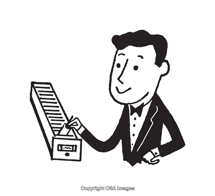 Black and White Illustration of Man Selecting from Filing Cabinet
