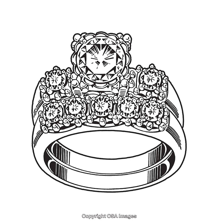 Detailed Black and White Line Art of an Elegant Diamond Ring