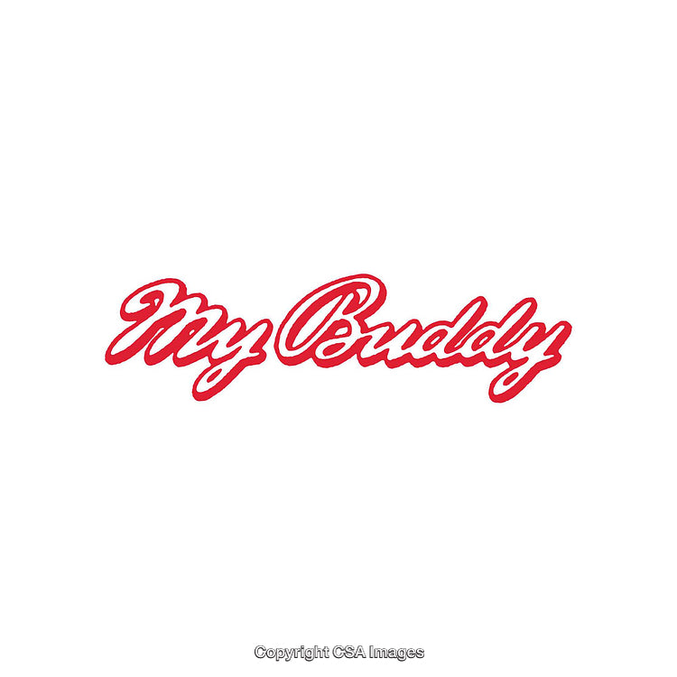 Red Script My Buddy Text Printed on White Background