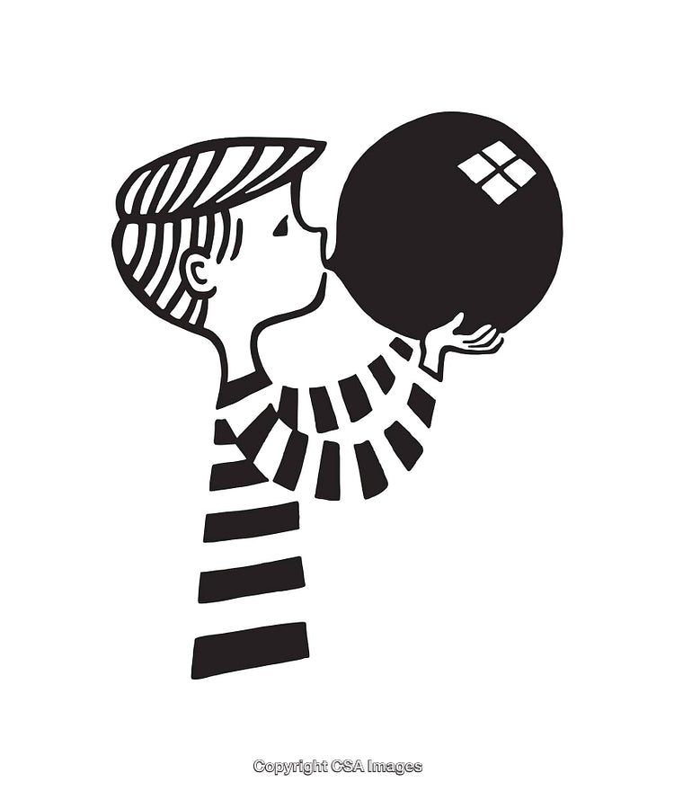 Black and White Illustration of a Boy Inflating a Round Object