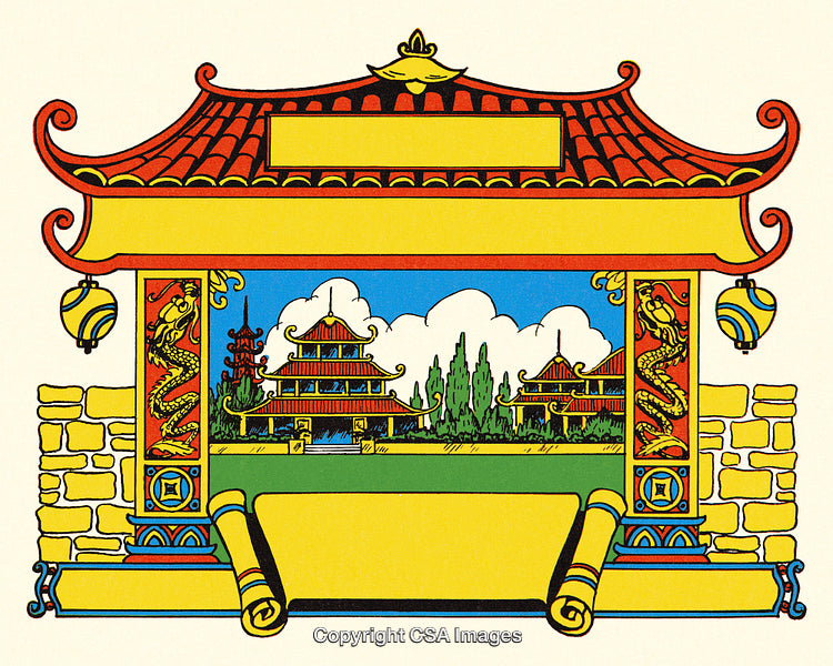 Illustration of a Chinese-Style Gate Adorning a Scenic Pagoda Landscape