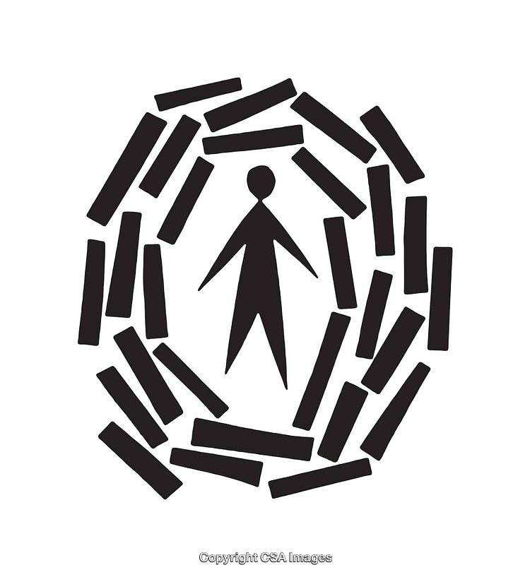 Abstract Black and White Artwork Featuring a Figure Surrounded by Sticks
