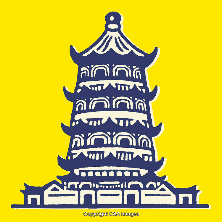 Traditional Pagoda Style in Blue and Yellow Illustration Design
