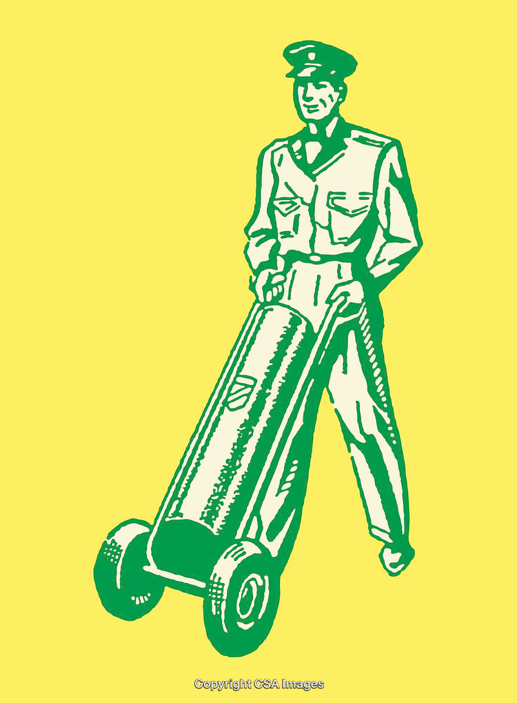 Vintage Illustration of a Worker Using a Hand Truck in Green on Yellow
