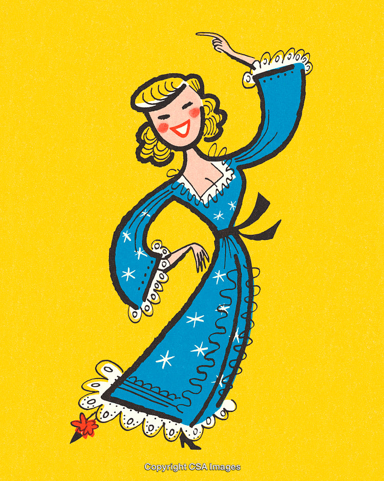 Cheerful Illustration of a Dancing Woman in a Traditional Blue Dress