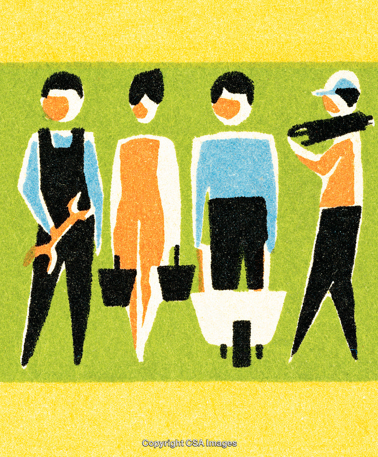 Colorful Illustration of Workers and Teamwork in a Retro Style