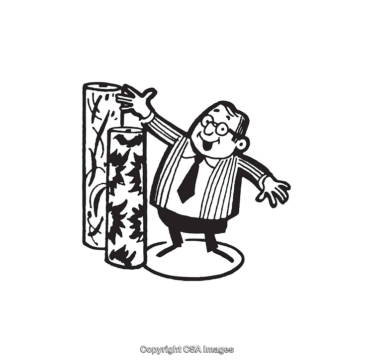 Smiling Businessman Presenting Colourful Fabric Rolls Line Art Illustration