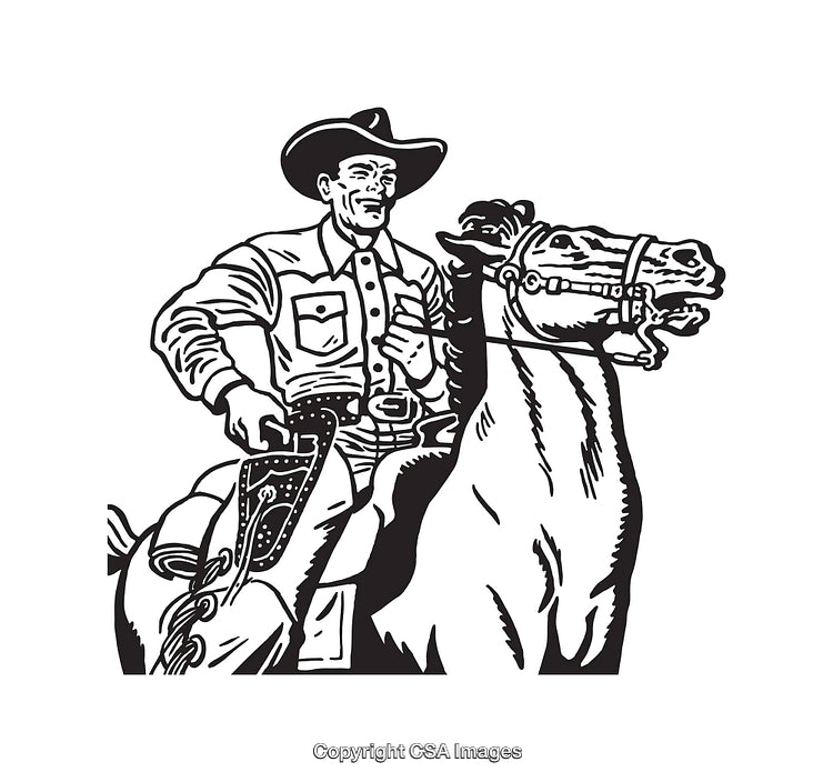 Vintage Black and White Line Art Illustration of a Cowboy Riding a Horse