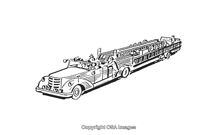 Vintage Illustration of a Firetruck in Black and White Line Art