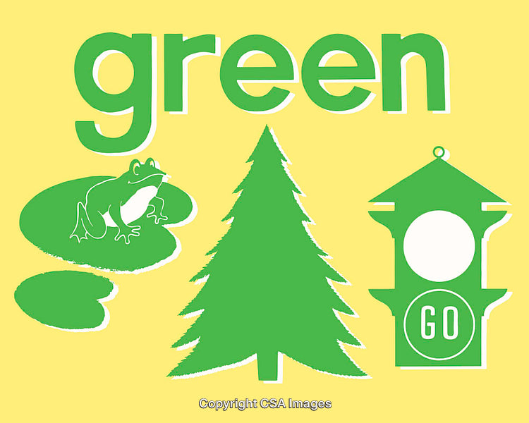 Green Color Line Art Illustrations Featuring Frog, Tree, and Traffic Light