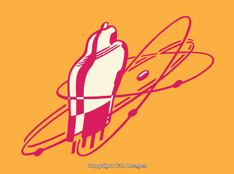 Abstract Atomic Art of a Rocket with Orbiting Paths in Bold Colors