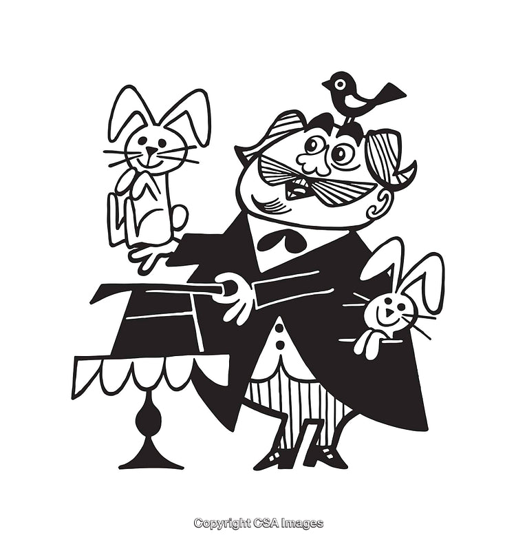 Magician Performing Tricks With Rabbits and Bird in Black And White Illustration