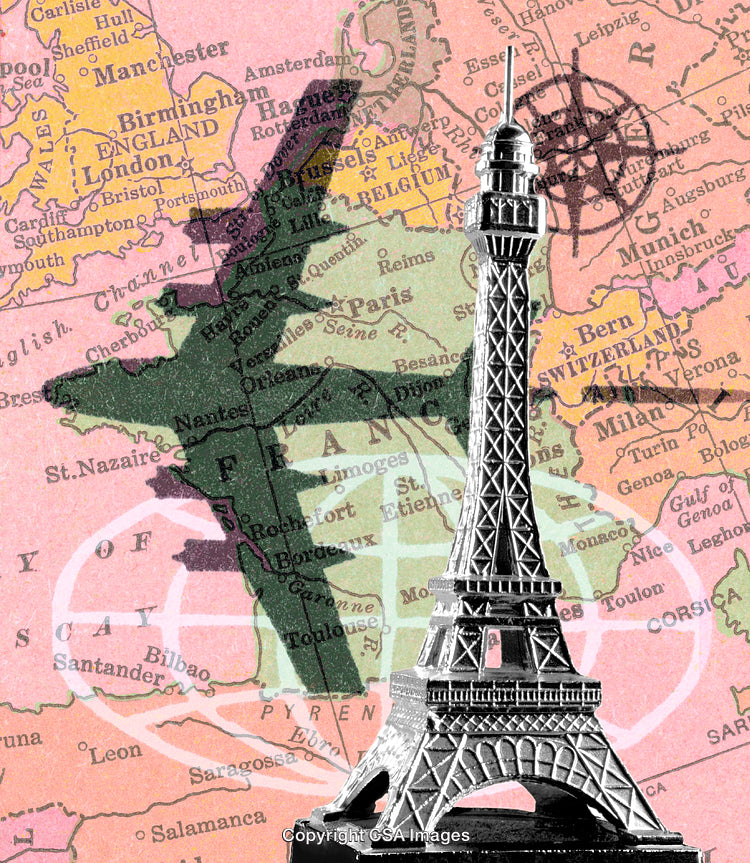 Eiffel Tower Model over Vintage Map of Europe Featuring France
