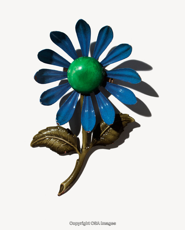 Vintage Blue Daisy Enamel Brooch With Green Center and Brown Leaves