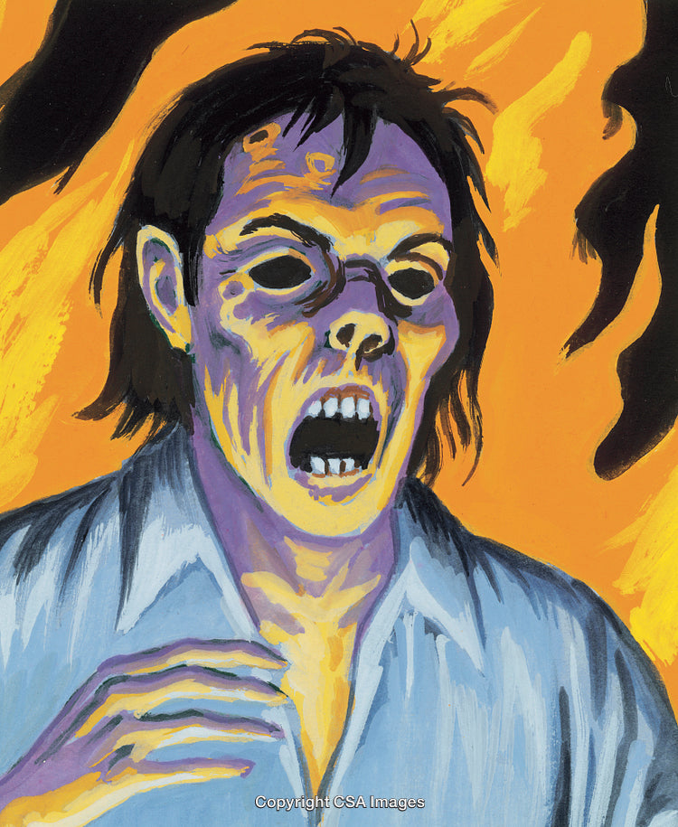 Expressionist Illustration of a Disturbing Character Amidst Fiery Background Flames