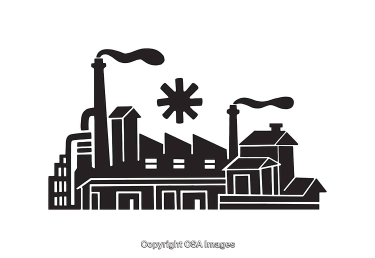 Black and White Line Art Illustration of an Industrial Factory Complex