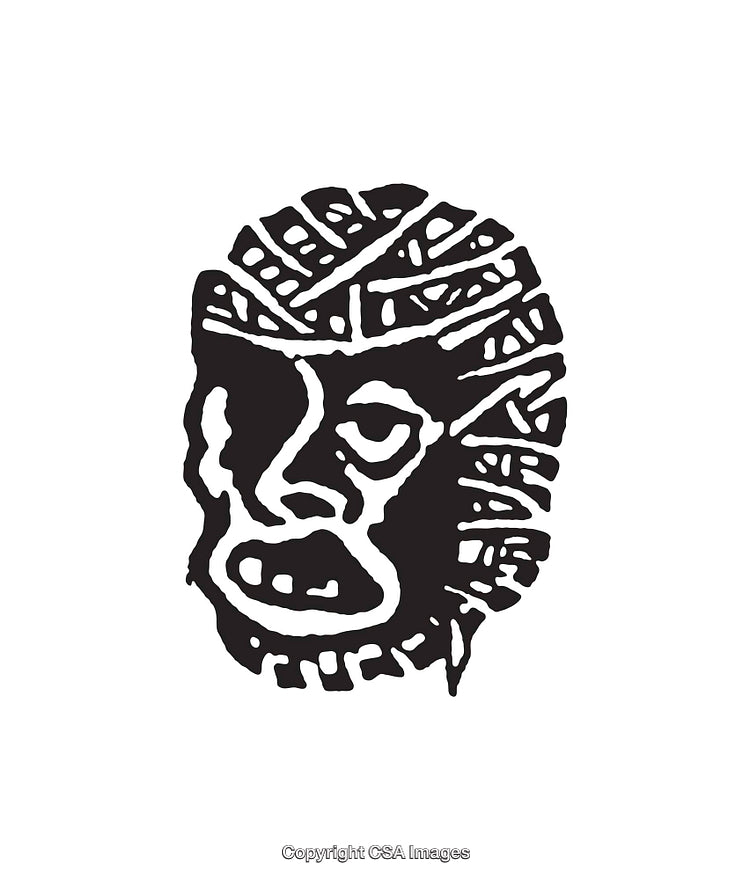 Hand-Drawn Black and White Abstract Face Illustration with Tribal Patterns